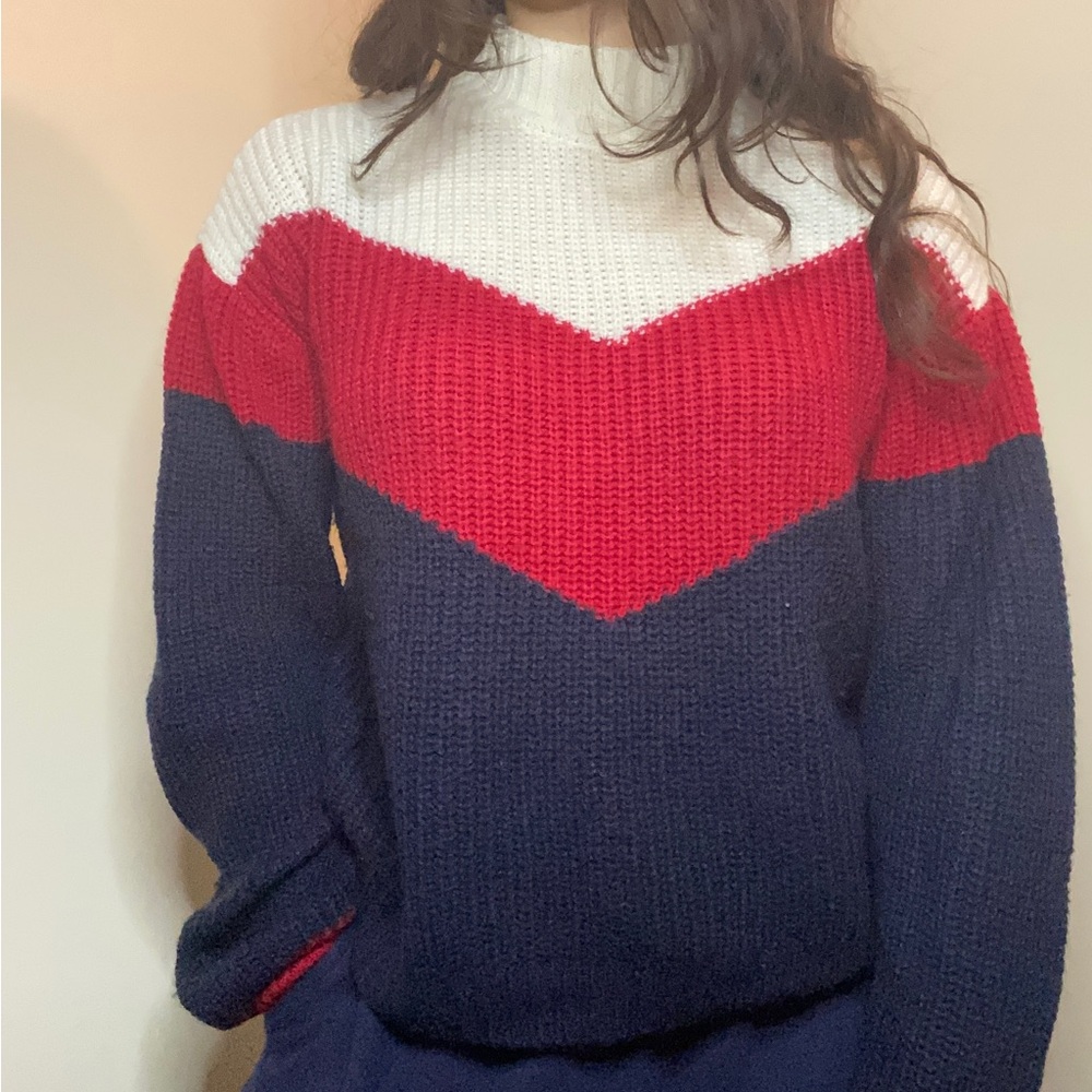 TEN SIXTY SHERMAN Tri-Color Chevron Striped Mock neck Sweater